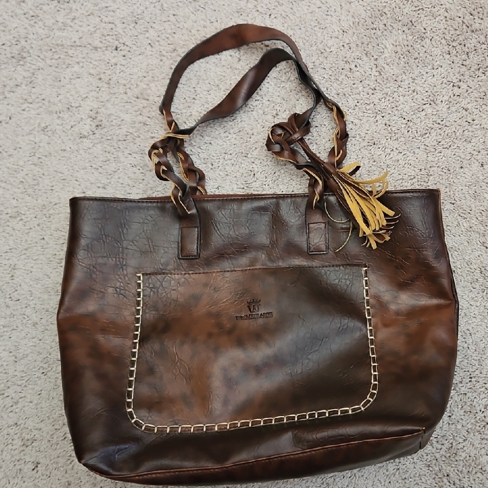 WEIMEIBAIGE OVERSIZED BROWN VEGAN LEATHER BRAIDED TOTE BAG PURSE